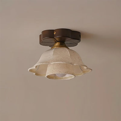 Ceiling Light Scalloped Fabric Shade Walnut Wood Canopy Vintage - Neutral Decor