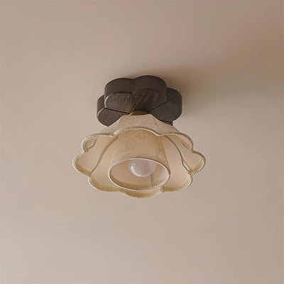 Ceiling Light Scalloped Fabric Shade Walnut Wood Canopy Vintage - Neutral Decor