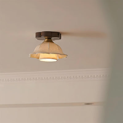 Ceiling Light Scalloped Fabric Shade Walnut Wood Canopy Vintage - Neutral Decor