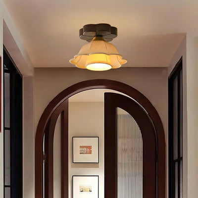Ceiling Light Scalloped Fabric Shade Walnut Wood Canopy Vintage - Neutral Decor