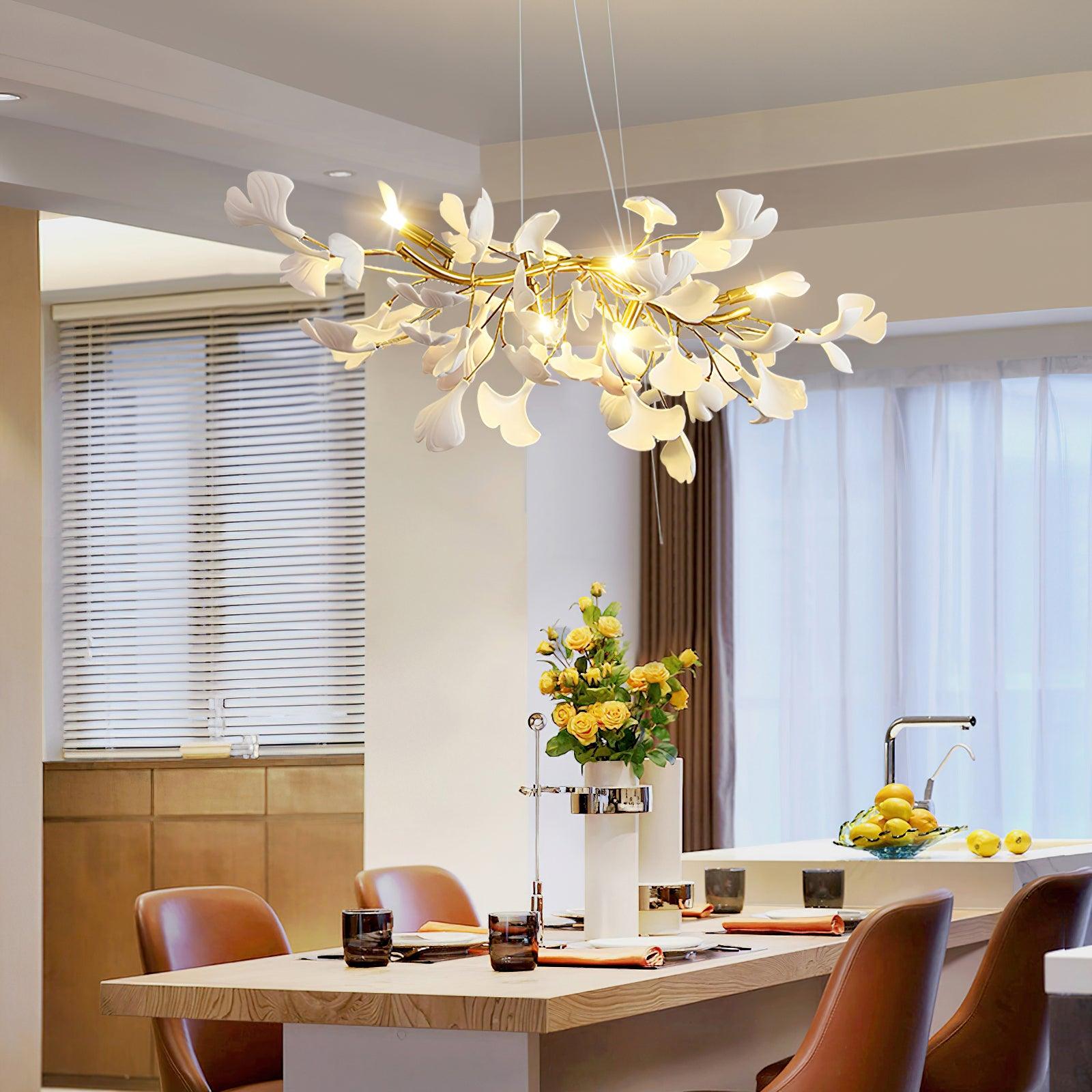 Dylo Chandelier Brass Linear Ginkgo Ceramic Petal Branch