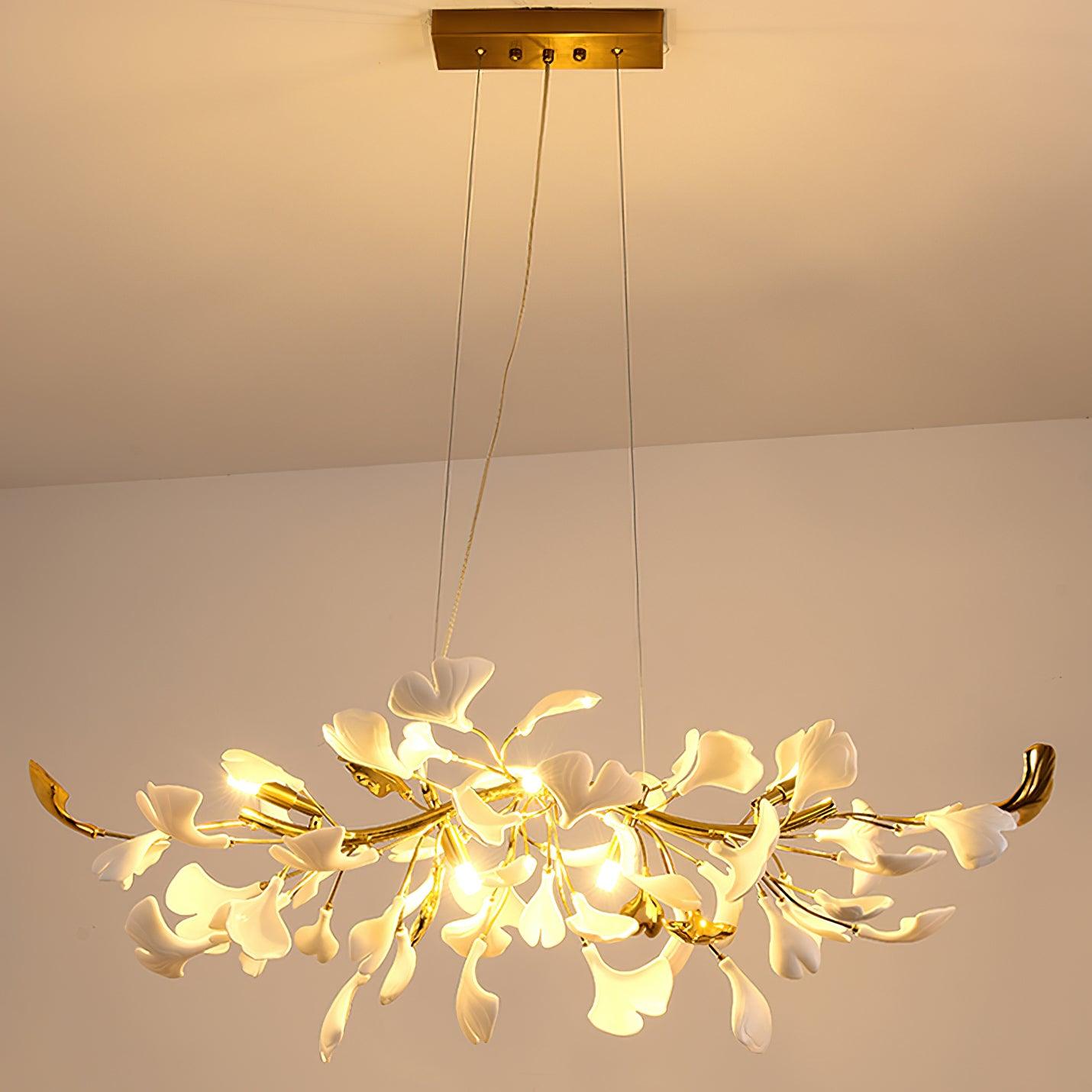 Dylo Chandelier Brass Linear Ginkgo Ceramic Petal Branch