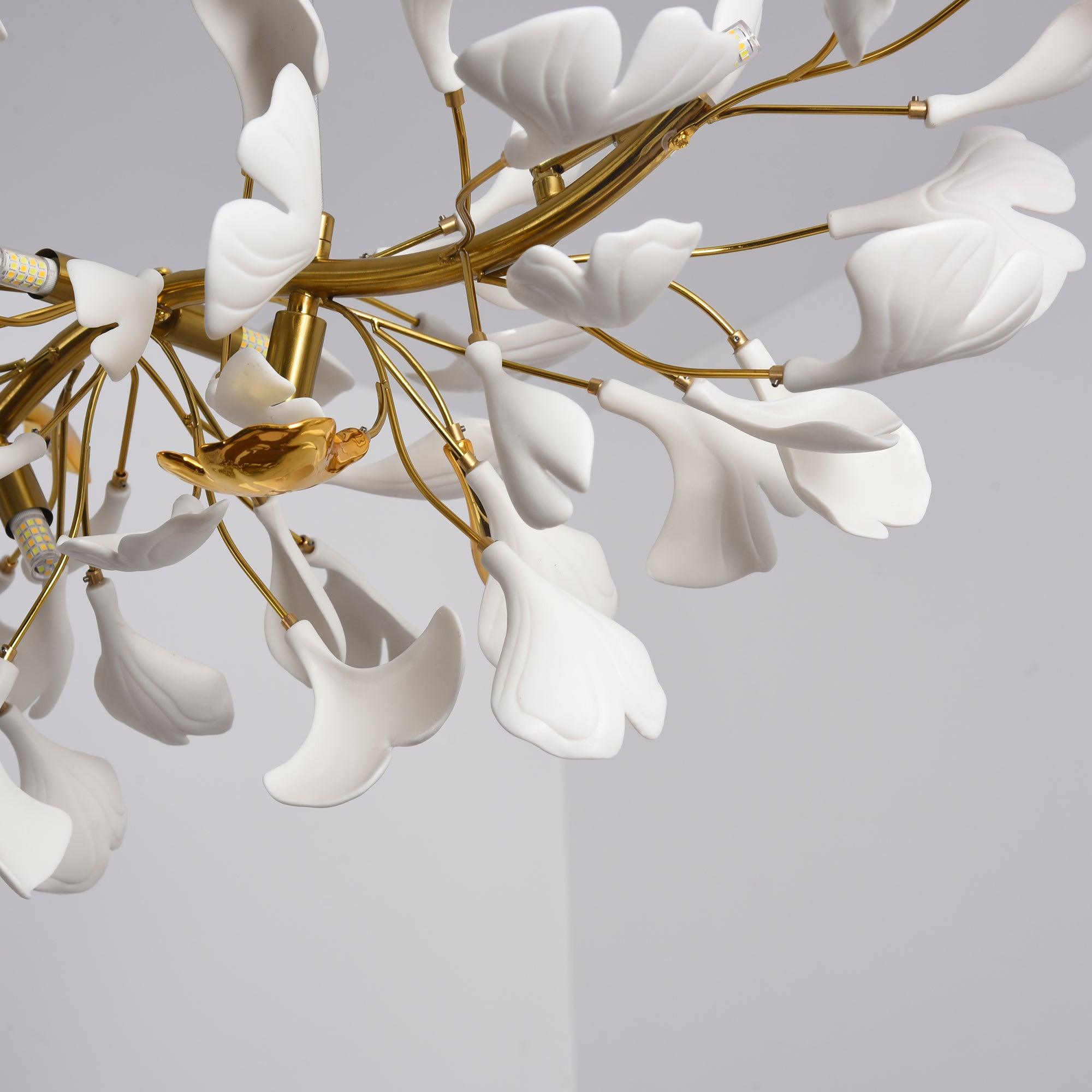 Dylo Chandelier Brass Linear Ginkgo Ceramic Petal Branch