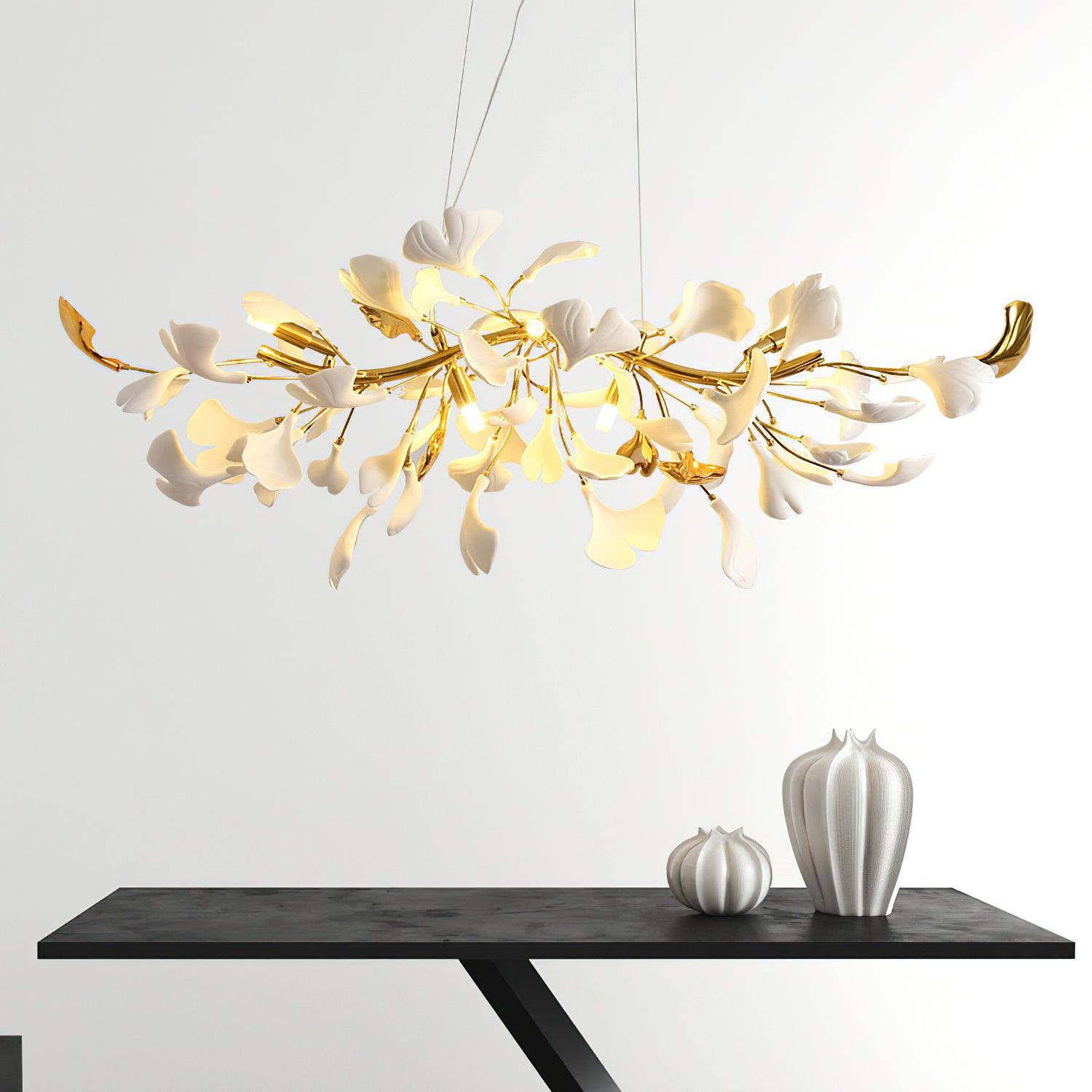 Dylo Chandelier Brass Linear Ginkgo Ceramic Petal Branch