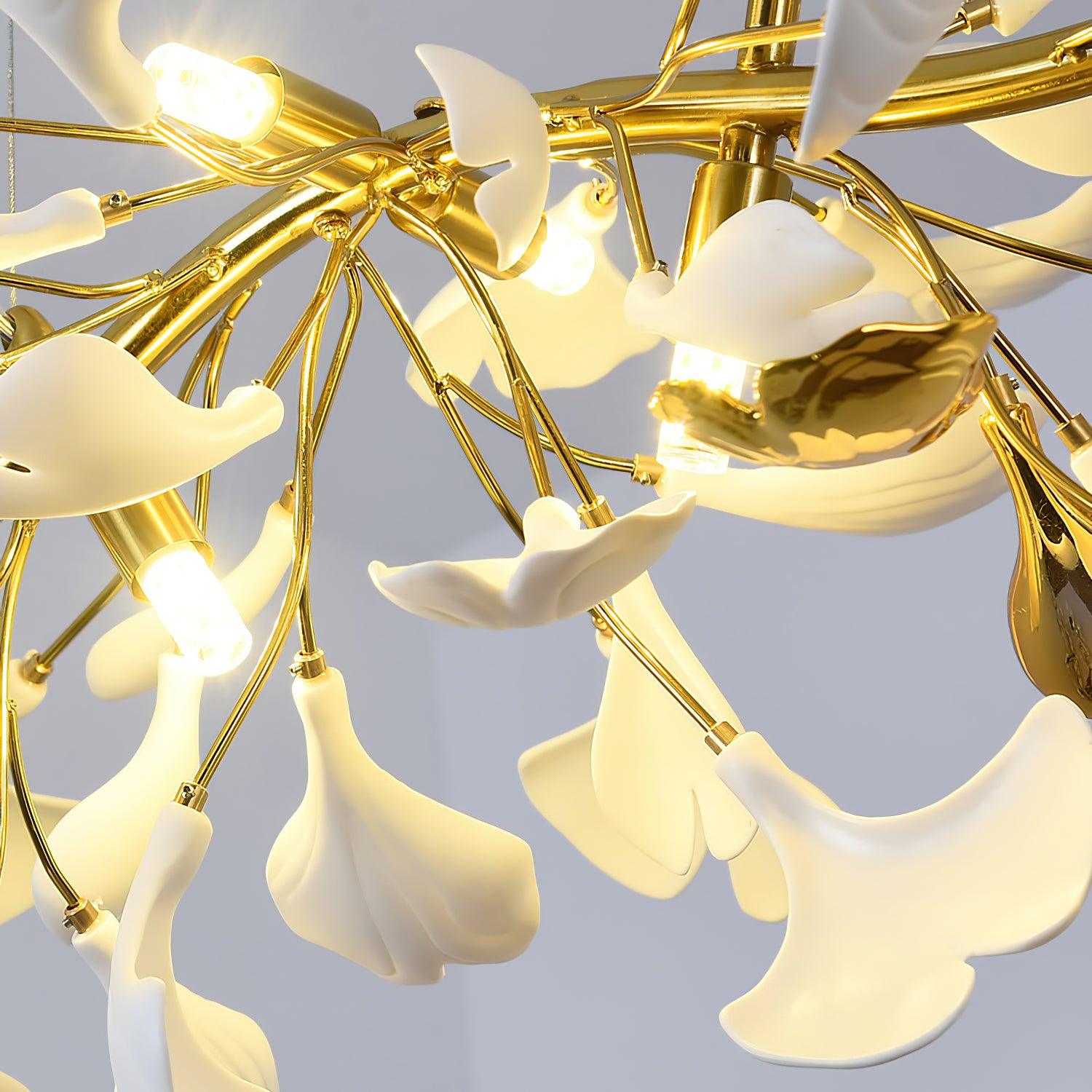 Dylo Chandelier Brass Linear Ginkgo Ceramic Petal Branch