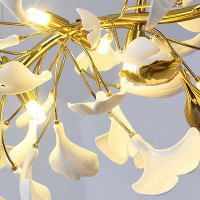 Dylo Chandelier Brass Linear Ginkgo Ceramic Petal Branch
