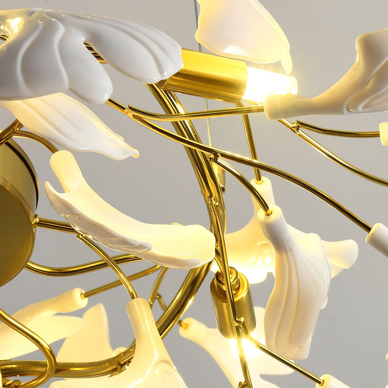 Dylo Chandelier Brass Linear Ginkgo Ceramic Petal Branch