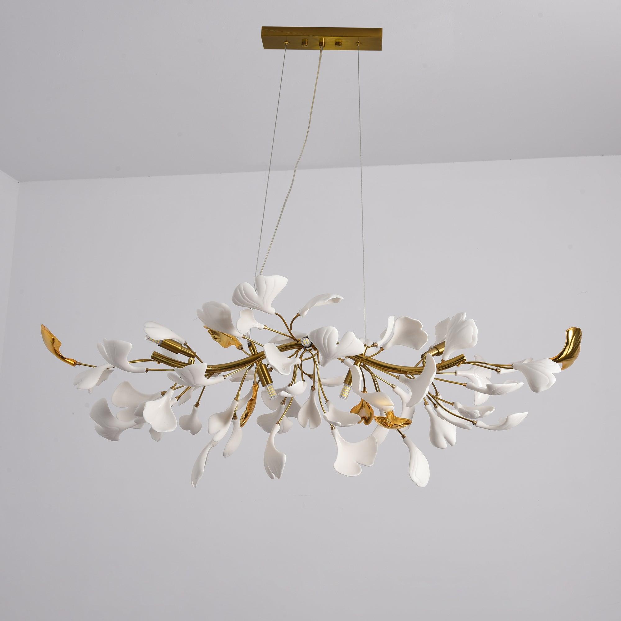 Dylo Chandelier Brass Linear Ginkgo Ceramic Petal Branch