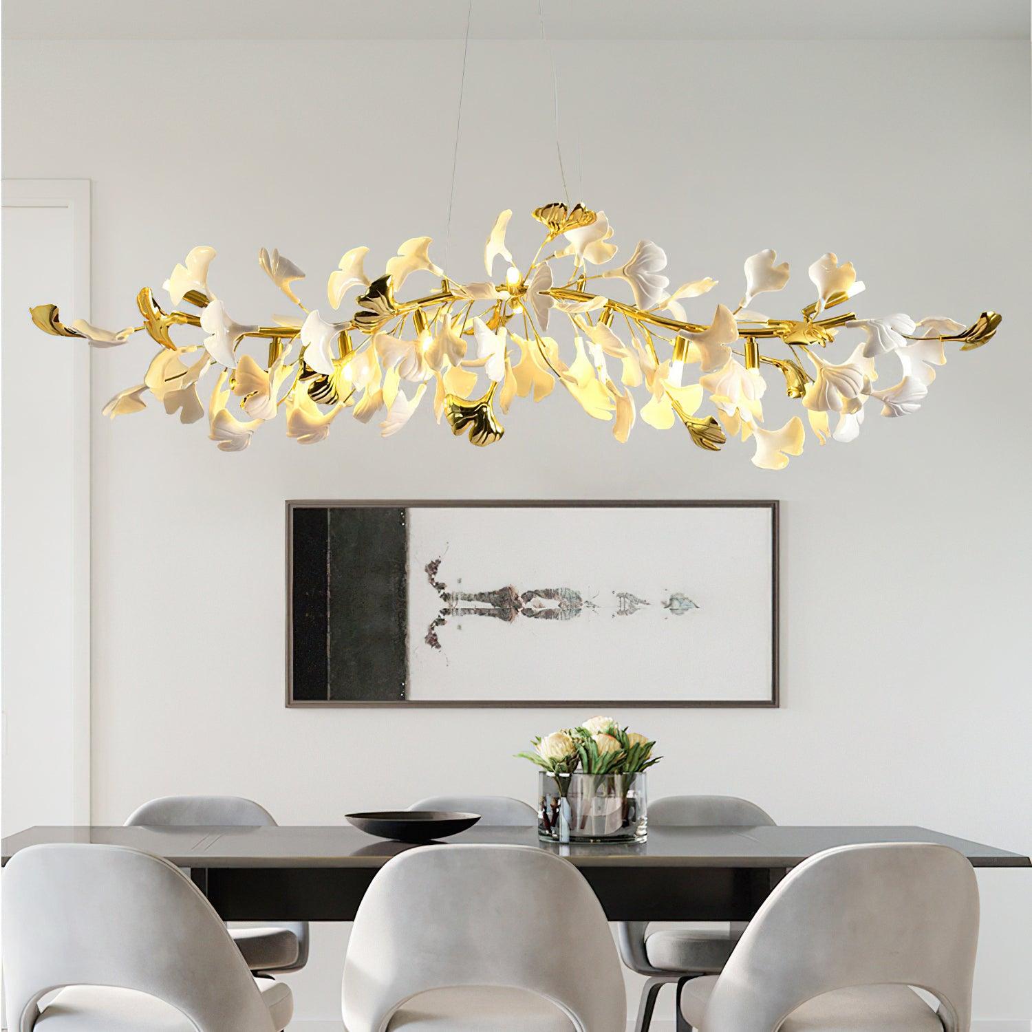 Dylo Chandelier Brass Linear Ginkgo Ceramic Petal Branch