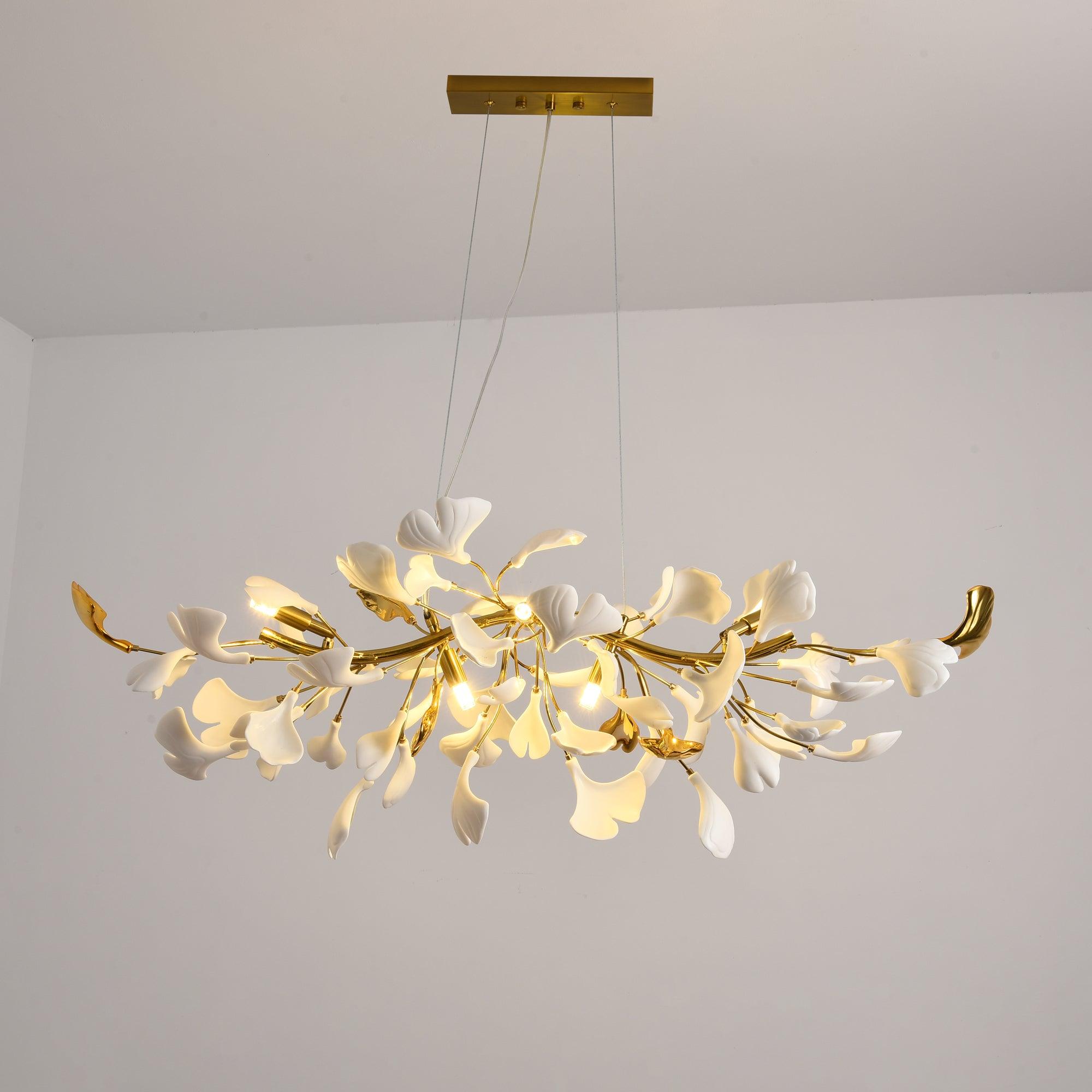 Dylo Chandelier Brass Linear Ginkgo Ceramic Petal Branch