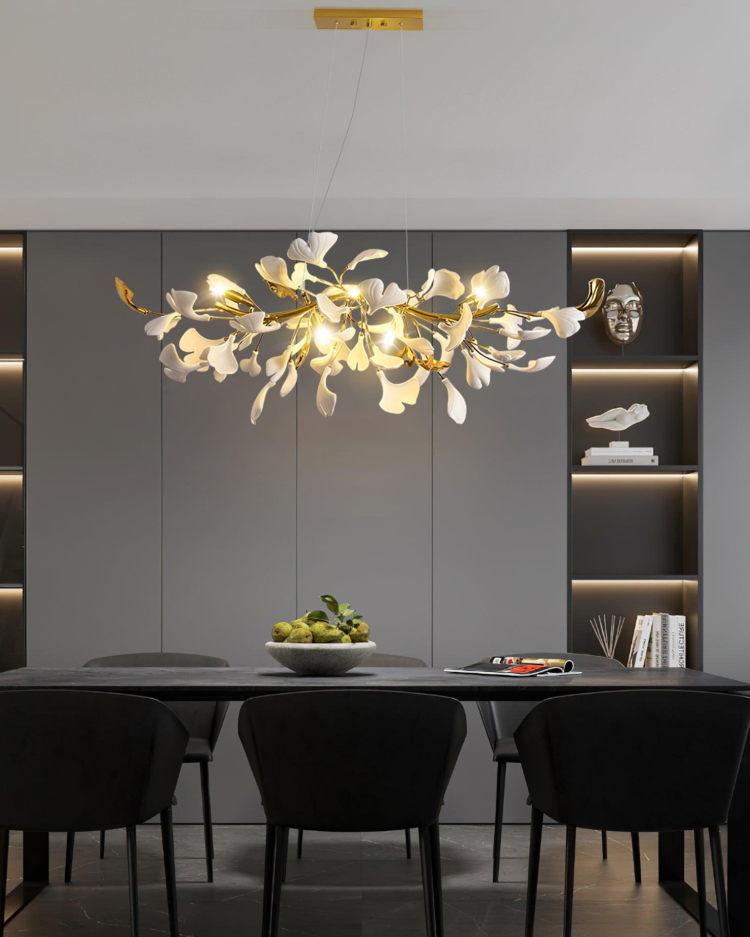 Dylo Chandelier Brass Linear Ginkgo Ceramic Petal Branch