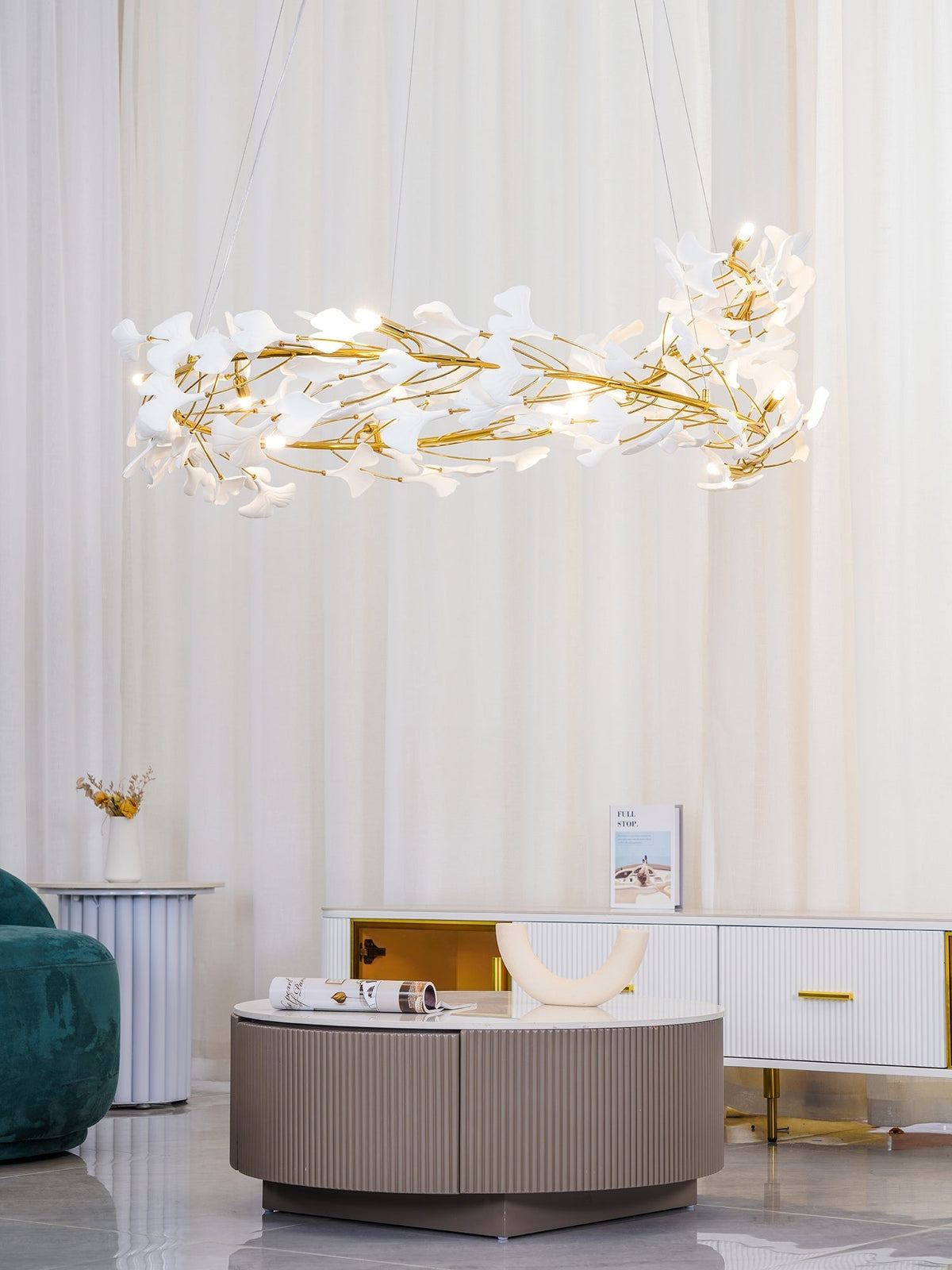 Umberis Pendant Lamp Gingko Porcelain Leaves Gold