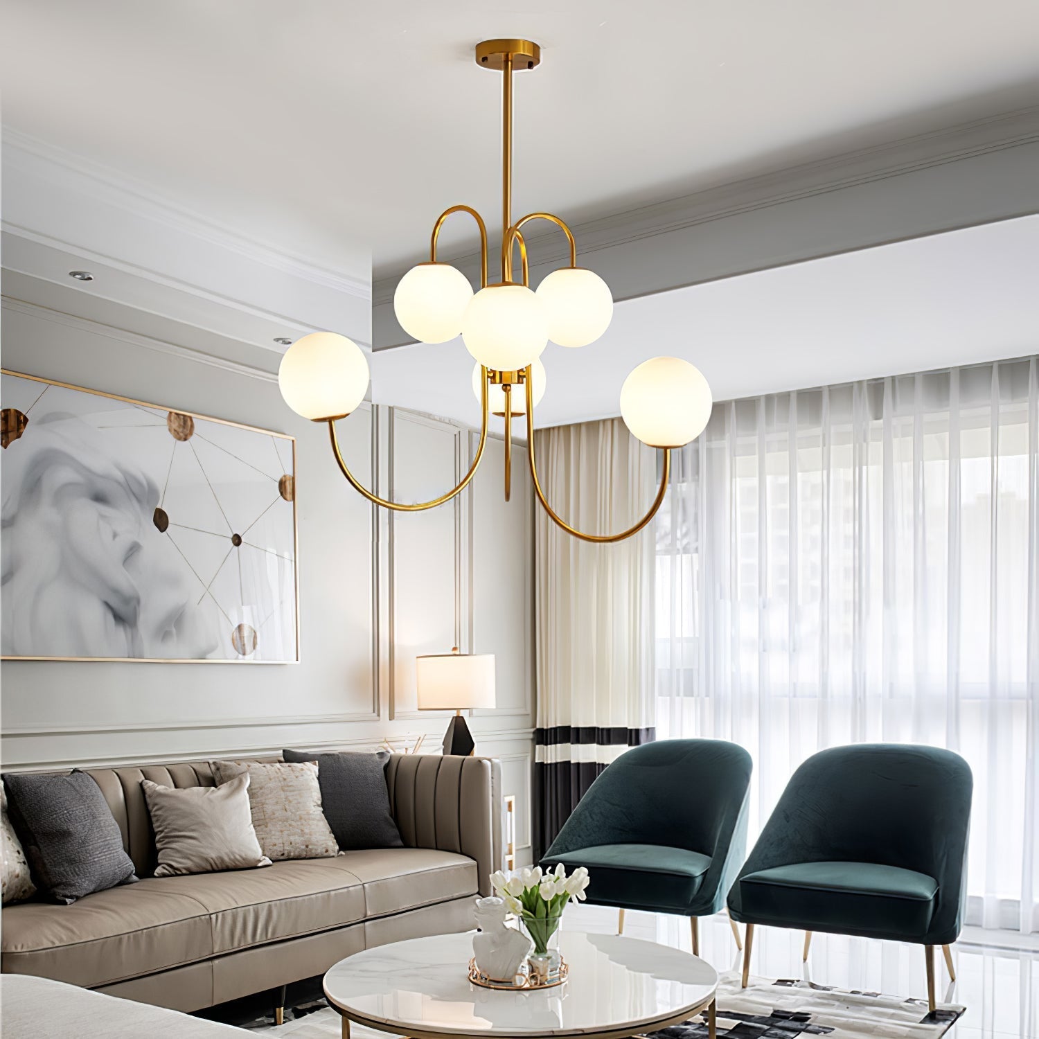 Auruaria Chandelier Brass Globe Cluster Curved Arm