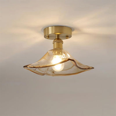 Ceiling Light Amber Swirl Glass Shade Brass Vintage Industrial - Neutral Decor