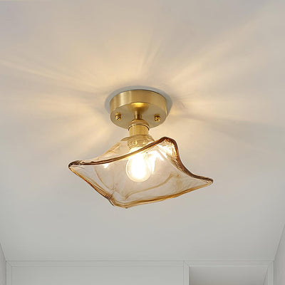Ceiling Light Amber Swirl Glass Shade Brass Vintage Industrial - Neutral Decor