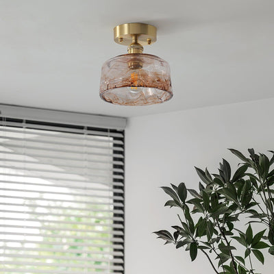 Ceiling Light Amber Swirl Glass Shade Brass Vintage Industrial - Neutral Decor