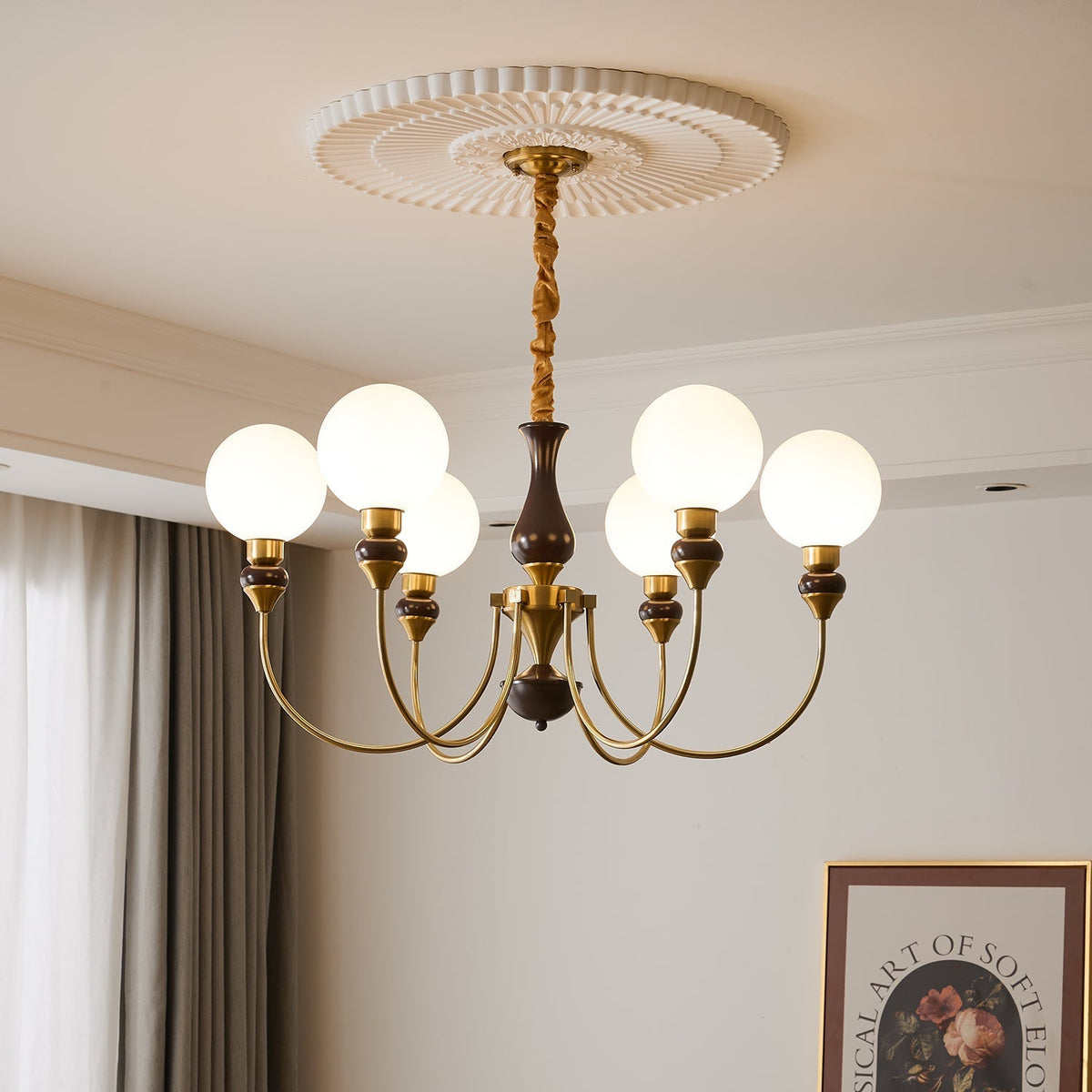 Eiruella Chandelier Brass Arms Frosted Glass Globes