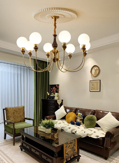 Eiruella Chandelier Brass Arms Frosted Glass Globes