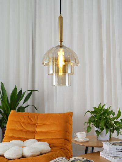 Renley Pendant Lamp Glass Cognac Dome Brass Mid Century