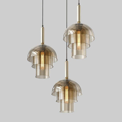 Renley Pendant Lamp Glass Cognac Dome Brass Mid Century