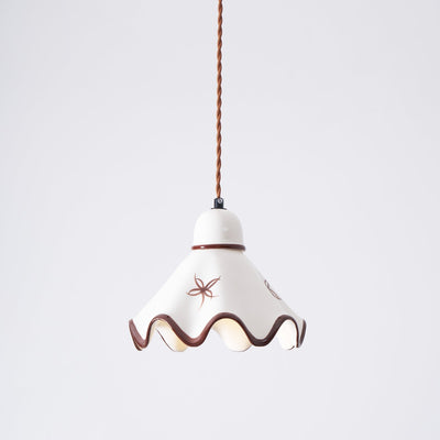 Pendant Lamp Ceramic Wavy Shade Rustic Brown Trim Retro Farmhouse - Neutral Decor