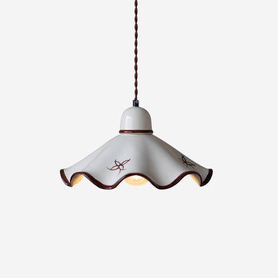 Pendant Lamp Ceramic Wavy Shade Rustic Brown Trim Retro Farmhouse - Neutral Decor