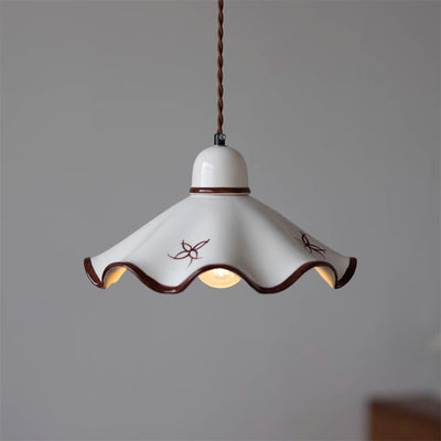 Pendant Lamp Ceramic Wavy Shade Rustic Brown Trim Retro Farmhouse - Neutral Decor