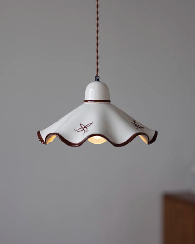 Pendant Lamp Ceramic Wavy Shade Rustic Brown Trim Retro Farmhouse - Neutral Decor