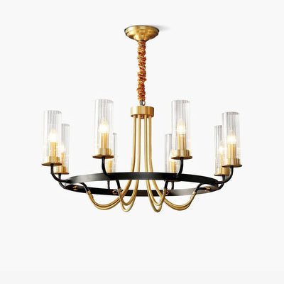 Chandelier Black Round Frame Brass Arms Ribbed Glass