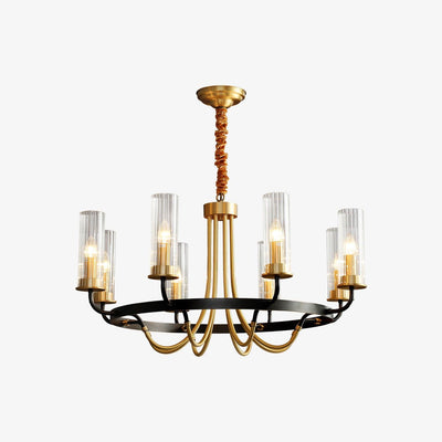 Chandelier Black Round Frame Brass Arms Ribbed Glass