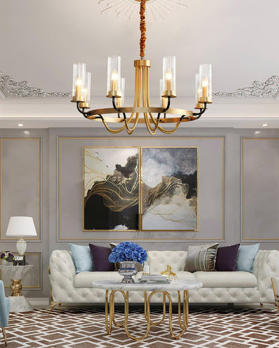 Chandelier Black Round Frame Brass Arms Ribbed Glass