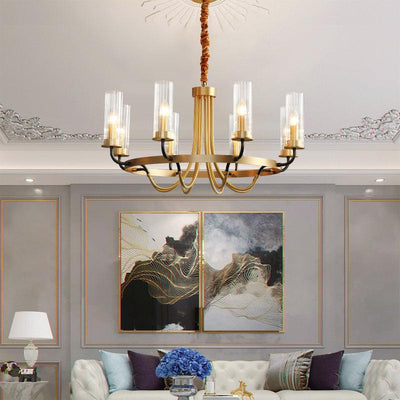 Chandelier Black Round Frame Brass Arms Ribbed Glass