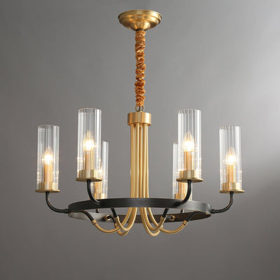 Chandelier Black Round Frame Brass Arms Ribbed Glass