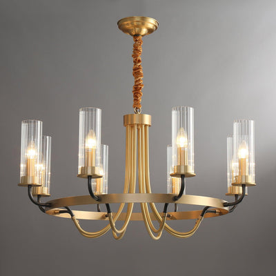 Chandelier Black Round Frame Brass Arms Ribbed Glass
