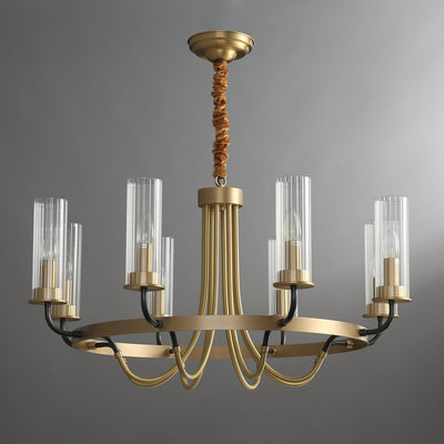Chandelier Black Round Frame Brass Arms Ribbed Glass