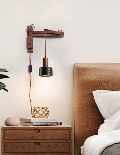Nulso Adjustable Plug-In Black Travertine Wood Wall Lamp