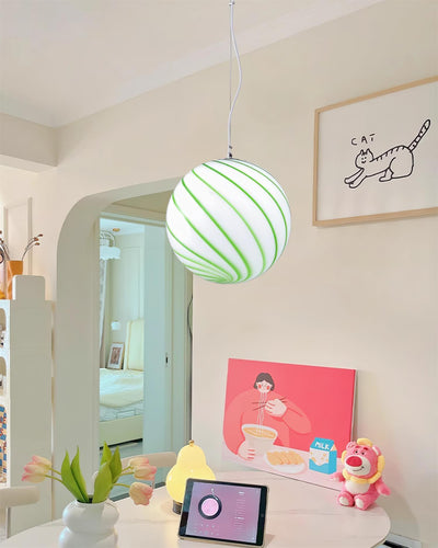 Pendant Lamp Glass Globe Light with Green Swirl Stripes - Neutral Decor