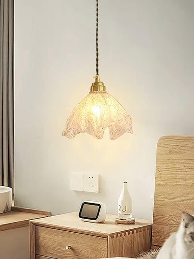 Deveny Pendant Lamp Brass Ruffled Glass Lotus Vintage