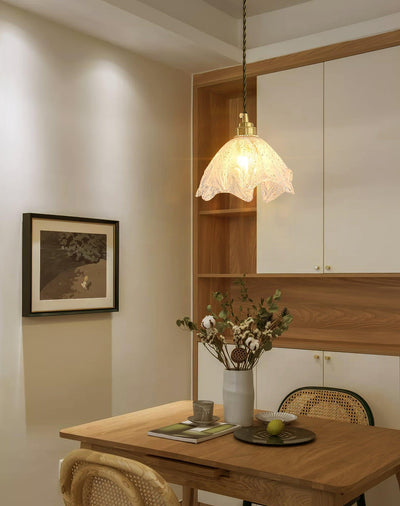 Deveny Pendant Lamp Brass Ruffled Glass Lotus Vintage