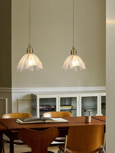 Deveny Pendant Lamp Brass Ruffled Glass Lotus Vintage