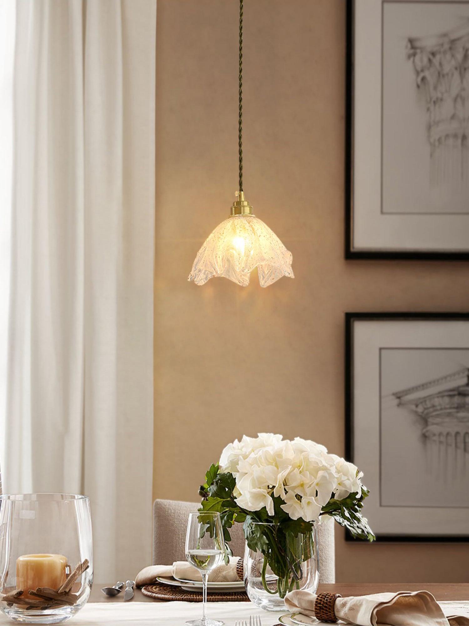 Deveny Pendant Lamp Brass Ruffled Glass Lotus Vintage