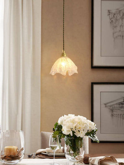 Deveny Pendant Lamp Brass Ruffled Glass Lotus Vintage