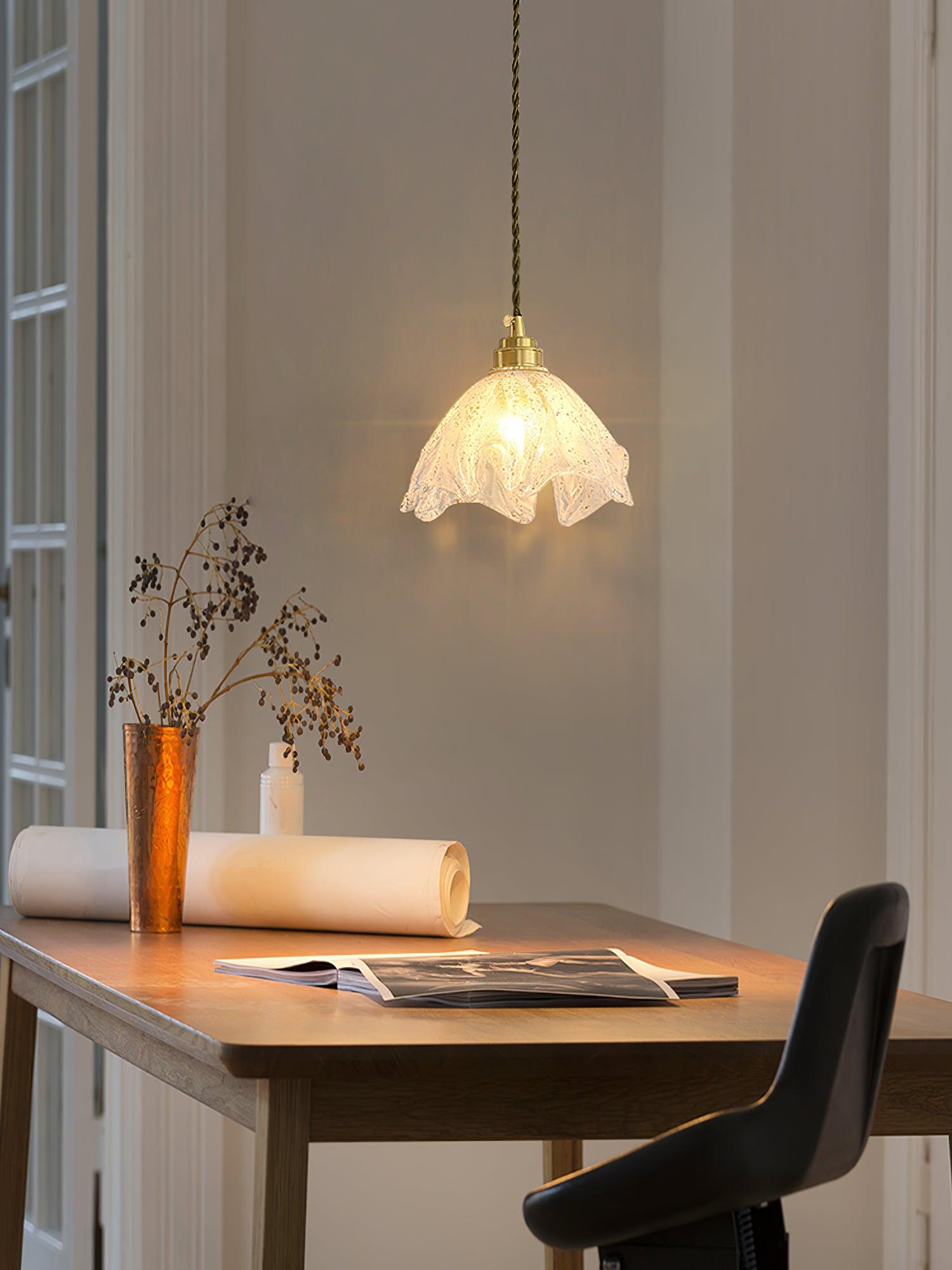 Deveny Pendant Lamp Brass Ruffled Glass Lotus Vintage