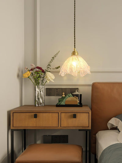 Deveny Pendant Lamp Brass Ruffled Glass Lotus Vintage