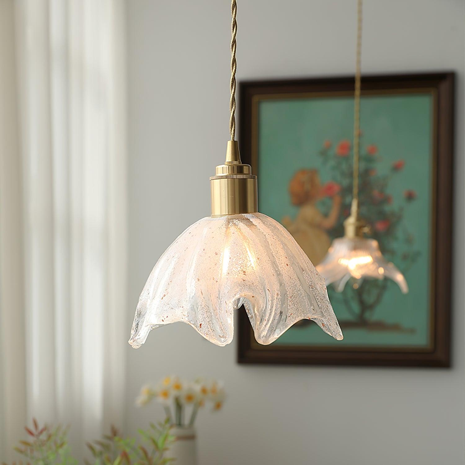 Deveny Pendant Lamp Brass Ruffled Glass Lotus Vintage