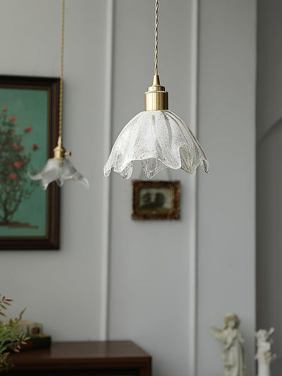 Deveny Pendant Lamp Brass Ruffled Glass Lotus Vintage