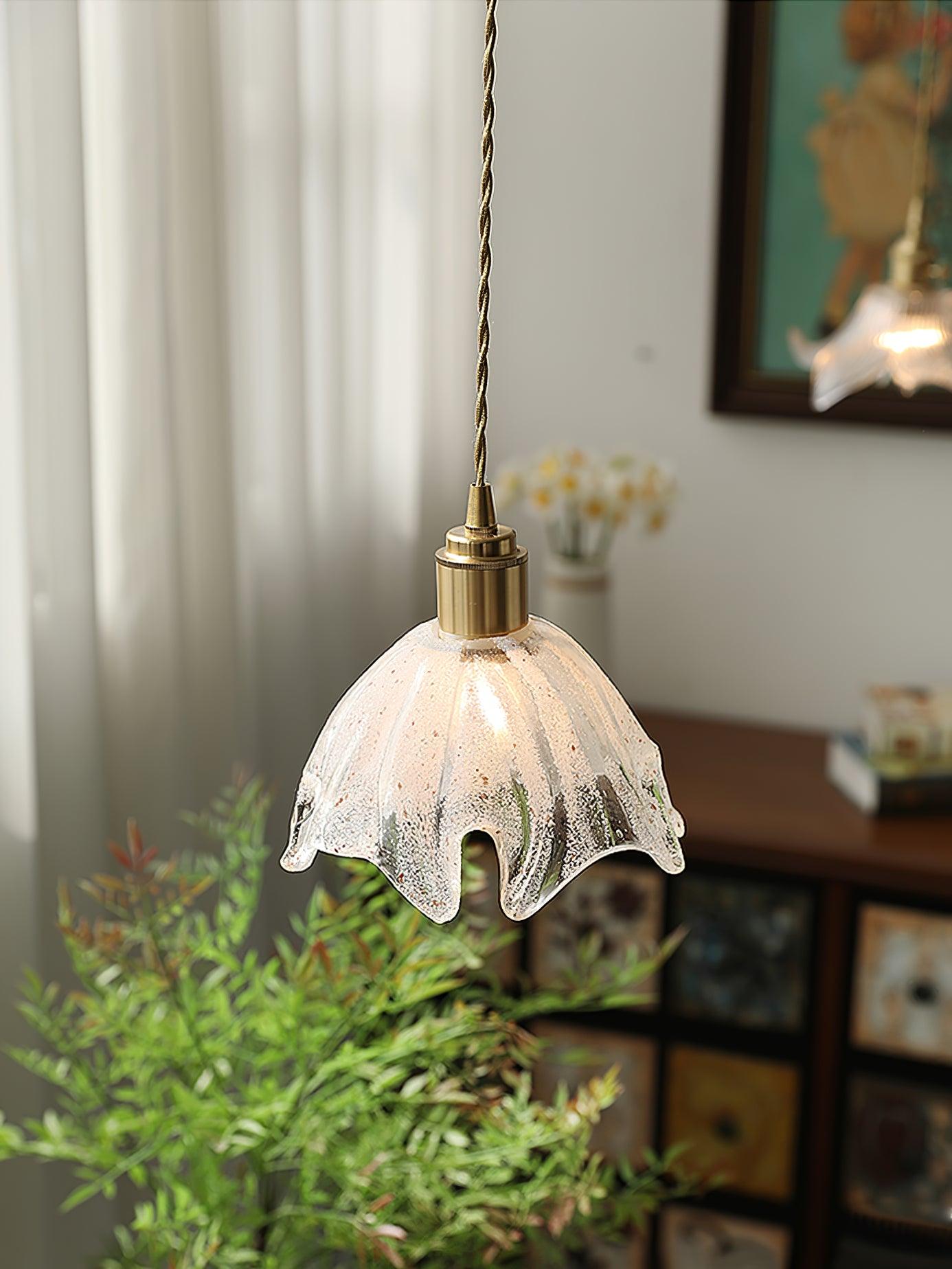 Deveny Pendant Lamp Brass Ruffled Glass Lotus Vintage