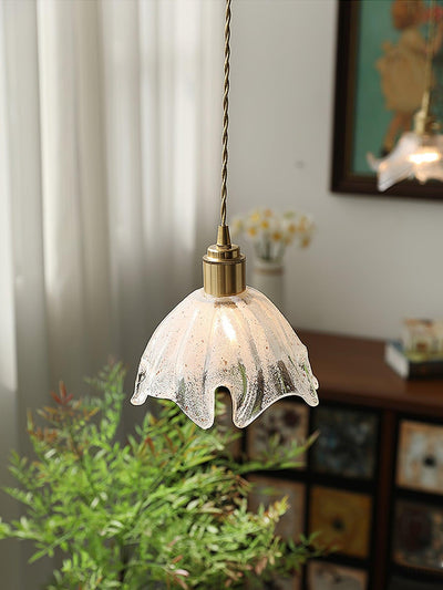 Deveny Pendant Lamp Brass Ruffled Glass Lotus Vintage