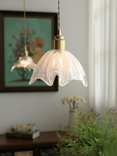 Deveny Pendant Lamp Brass Ruffled Glass Lotus Vintage