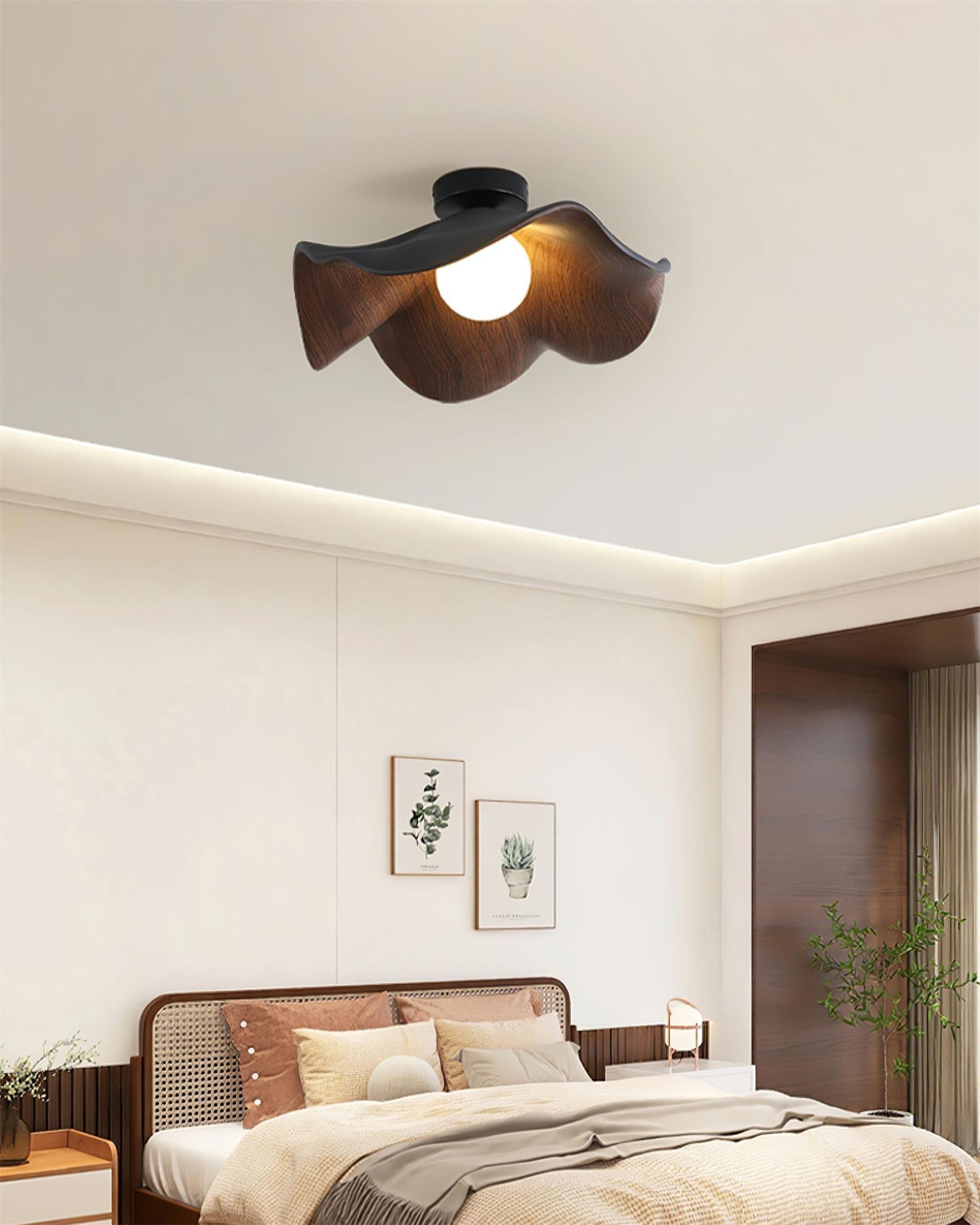 Belenor Ceiling Lamp Lotus Leaf with Wood and White Finish